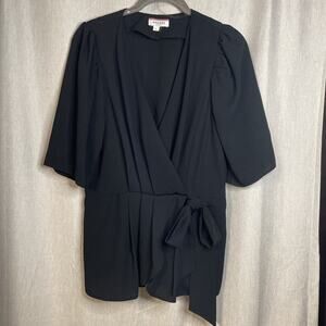 Andree By Unit Peplum Faux Wrap Tied Blouse Women’s Size Large Black V-Neck